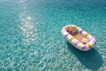 Naklejka premium Colorful striped inflatable raft floating on clear blue ocean water