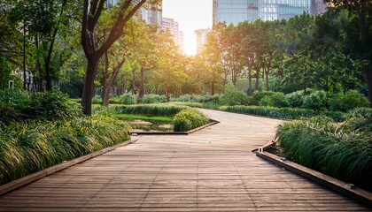 serene urban park with wooden pathway and greenery