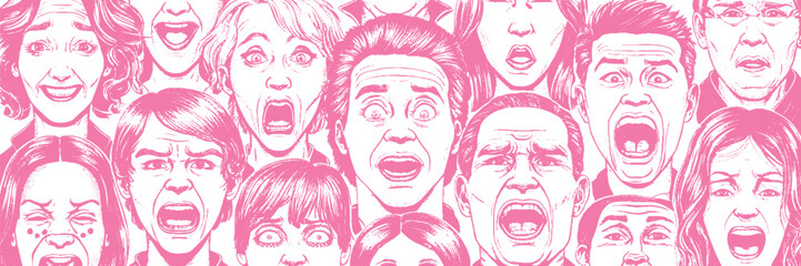 various people's facial emotion expression, happy, sad, shocked, scared, angry, laughing, crying, Outline, hand drawn sketch, pink and white ink style, Illustration.