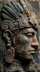 Intricate stone carving of an ancient warrior with feathered headdress and intricate jewelry from a historic civilization