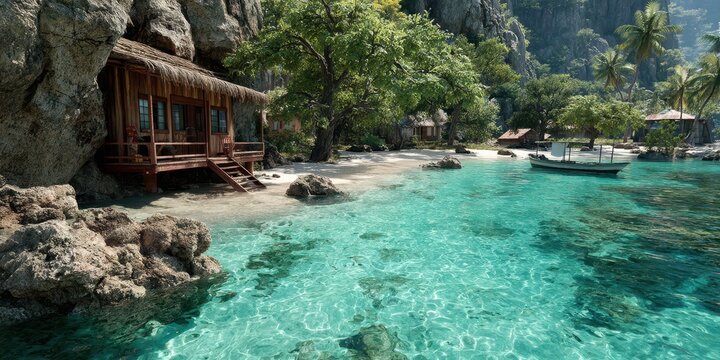Stunning tropical beach with crystal clear water and wooden bungalows in a serene coastal landscape during the daytime