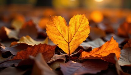 Crisp autumn leaves, mostly brown, with a vibrant yellow heart , illustration, earth