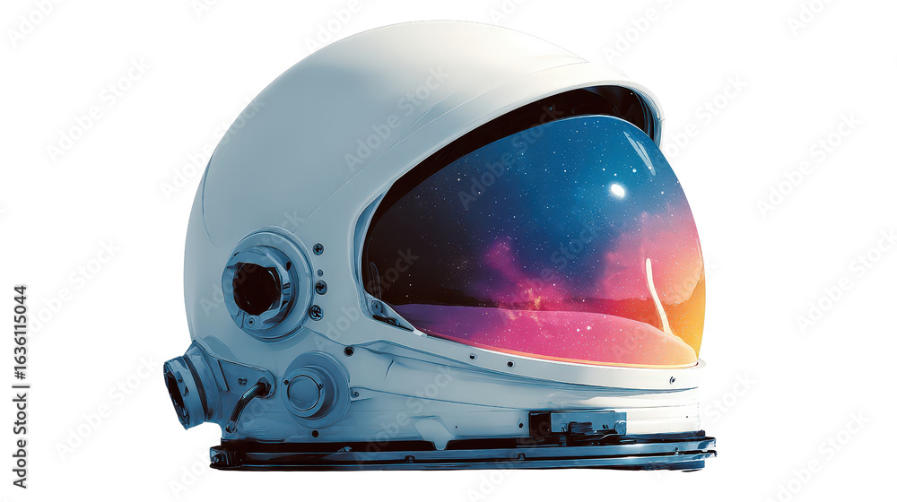 Poster flat design astronaut helmet with galaxy reflection on transparent background transparent background