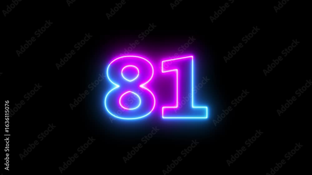 Poster glowing neon text 81 number countdown icon background 4k animation.