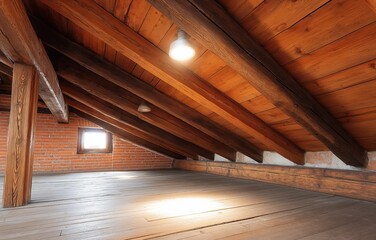 Building the wooden roof skeleton of an old house with industrial lighting