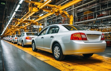 Efficient car assembly line showcasing teamwork and precision in a modern factory