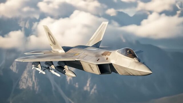 F-22 Raptor Fighter Jet Soaring Over Mountain Landscape