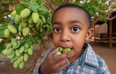 Child enjoys fresh pistachio tasting at agritourism farm among lush trees
