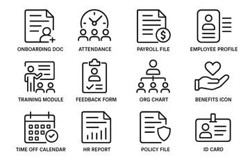 Essential hr icons: documents, payroll, feedback, benefits, and identification