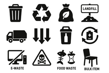 Waste management icons: recycling, e-waste, food waste, landfill, bulk disposal