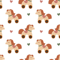 Pattern children's toy wooden, fabric horse on wheels. Flat color seamless texture. Toy for playing with a mobile child.. Product for child development. Retro colors. Packaging for children's products