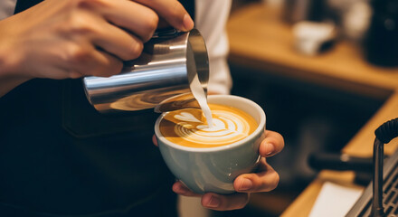 Barista Creating Latte Art in a Cozy Coffee Shop