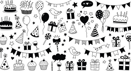 Black and white celebration doodle illustration, birthday cakes, balloons, party hats, cupcakes, gifts, wine glasses, confetti, festive elements, decorations