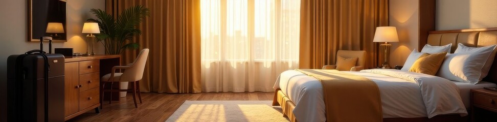 Elegant hotel room, sunlight streams through window, suitcase on stand, holiday, interior, suitcase