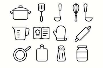 Simple kitchen utensil icons: pot, spatula, ladle, whisk, pitcher, recipe, mitt, rolling pin, pan, board, salt shaker, jar