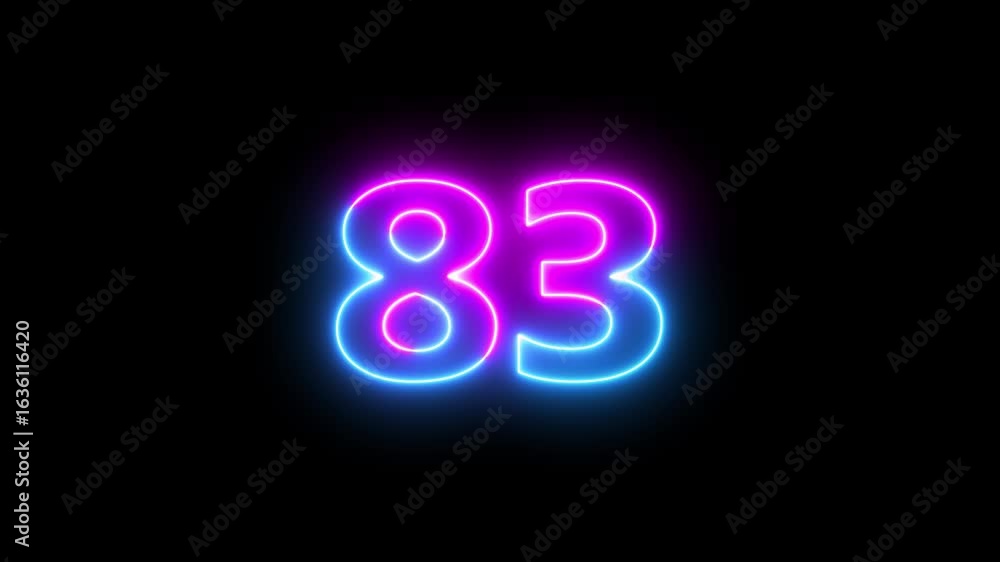 Poster glowing neon text 83 number countdown icon background 4k animation.
