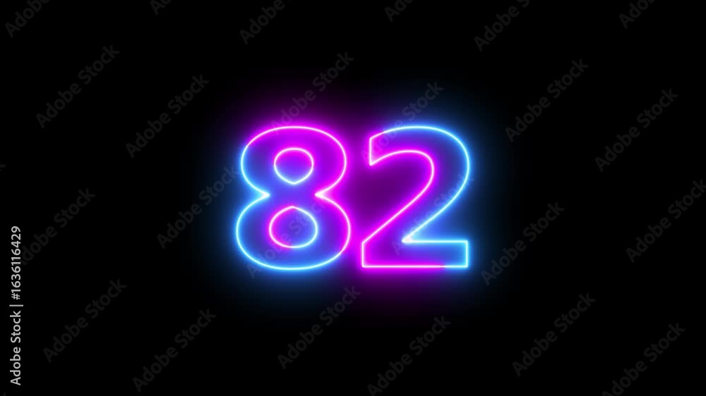 Poster glowing neon text 82 number countdown icon background 4k animation.