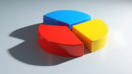 Fototapeta premium 3D pie chart in bright red, blue, and yellow on light gray floor with dramatic shadow