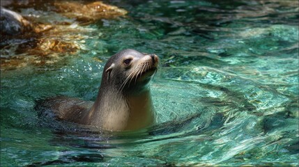 Obraz premium A curious seal swims gracefully in clear turquoise water, surrounded by natural rock formations, showcasing its playful nature.