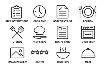 Cooking and recipe icon set: instructions, utensils, ingredients, ratings, and more