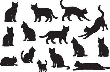 Black cat silhouettes various poses black cats