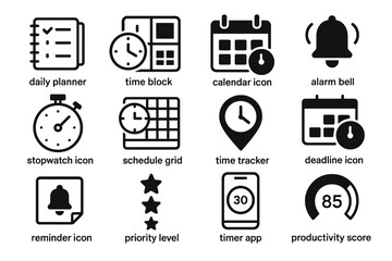Time management icons: planner, calendar, stopwatch, alarm, productivity