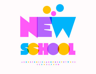 Vector Children emblem New School. Bright Colorful  Font. Transparent Watercolor Alphabet Letters and Numbers set