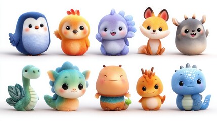 Cute Adorable Animal Cartoon  Figures in Bright Colors for Playful Decor