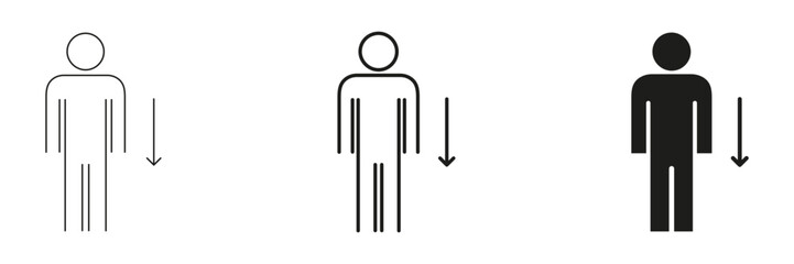 Person With Downward Arrow Icon Set. Weight Loss, Decline, And Reduction Symbol Collection. Decrease In Value Or Status. Isolated Vector Illustration