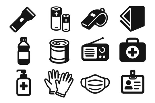 Emergency preparedness icons set: flashlight, batteries, whistle, food, radio, first aid