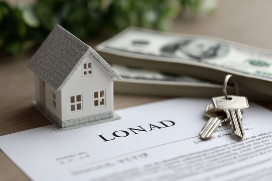 Mortgage contract with model house and keys on table