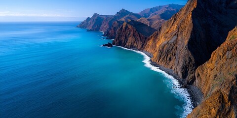 Obraz premium Majestic coastal cliffs and blue ocean waves at sunrise