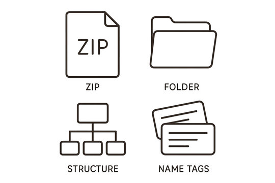 Zip file icon, folder illustration, structure diagram, name tags layout