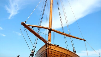 Wooden sailboat mast against a partly cloudy sky