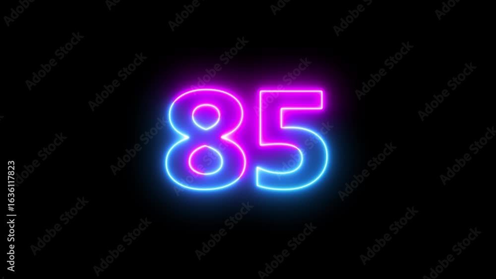 Poster glowing neon text 85 number countdown icon background 4k animation.