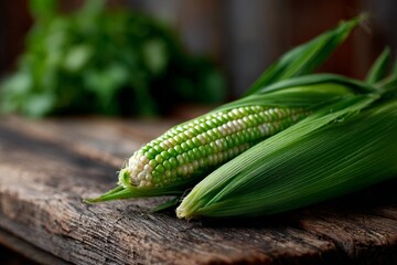 Fresh green corn on rustic wooden surface with leaves intact