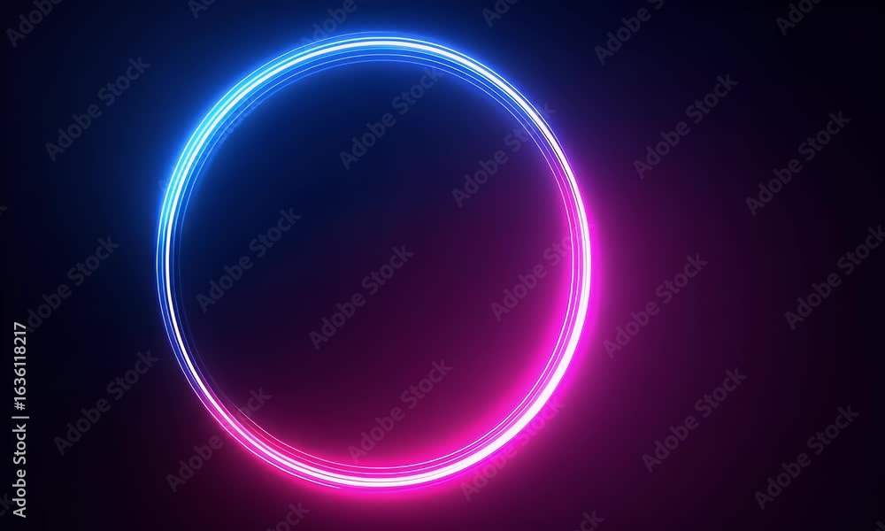 Poster neon light effect with a glowing circular frame on a dark background, blue and pink neon lines in th