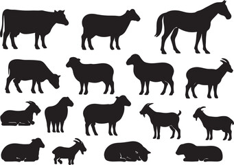 Black farm animals silhouettes standing resting vector