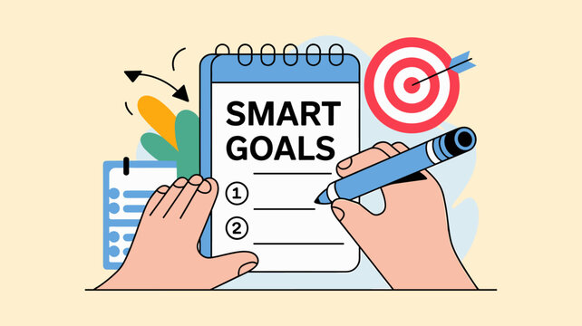 hands writing smart goals on a notepad with a target in the background vector illustration 