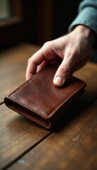 Hand gently holding a worn leather wallet on a wooden table, classic, rustic