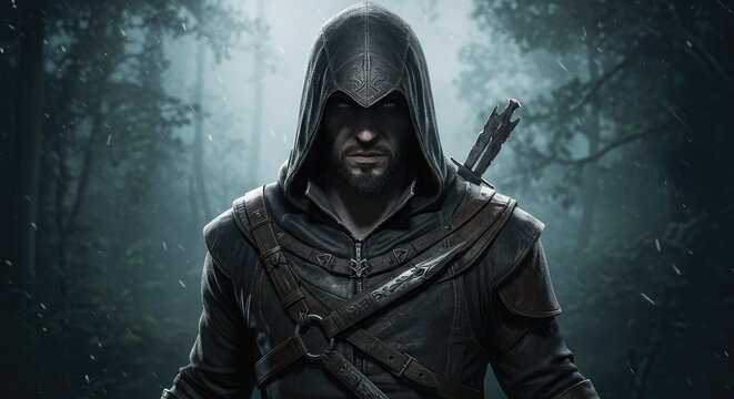 A deadly Assassin's Creed warrior poised in intense combat stance