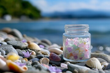 Colorful sea glass jar among pebbles and shells on a sunny beach