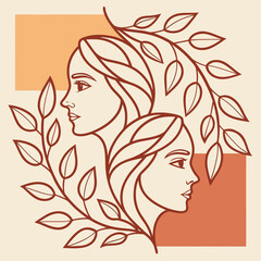 vector illustration of abstract female faces intertwined with leafy vines.
