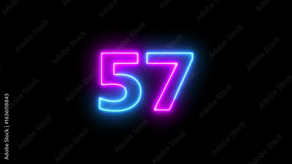 Poster neon text 57 number countdown icon background 4k animation.
