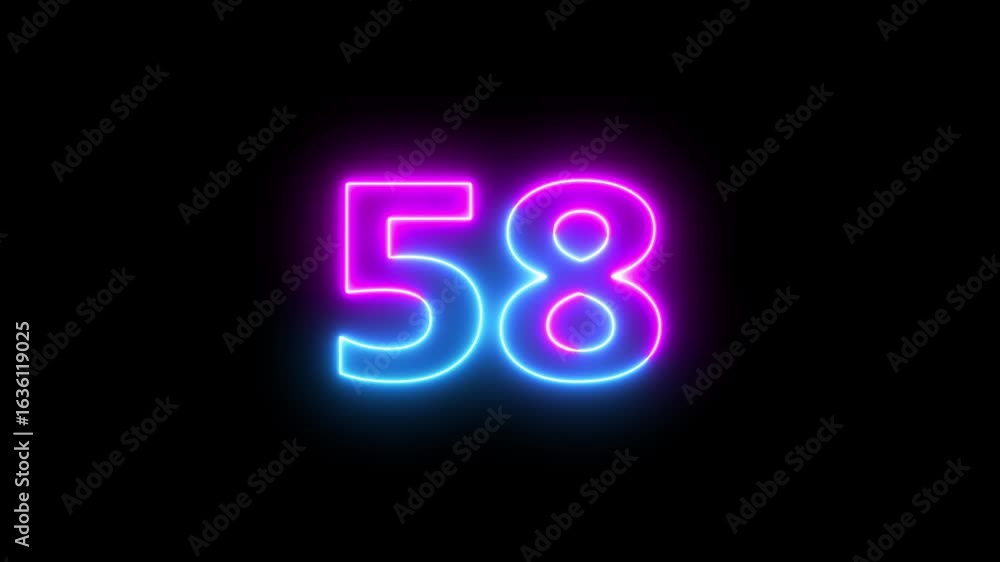 Poster neon text 58 number countdown icon background 4k animation.