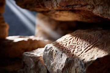 Ancient rock carvings illuminated by sunlight in cave setting