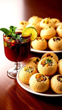 A delightful and refreshing presentation of Pani Puri, gool gape, with individual puris filled and a garnished glass of tangy tamarind water.