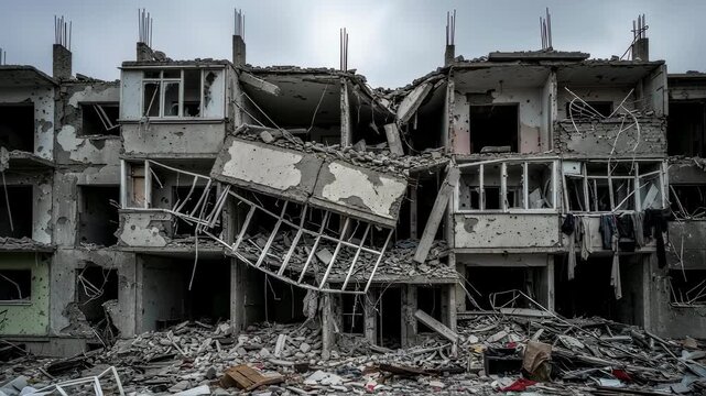 Destroyed residential building with broken windows and debris from war damage, showing the harsh reality of aftermath footage.