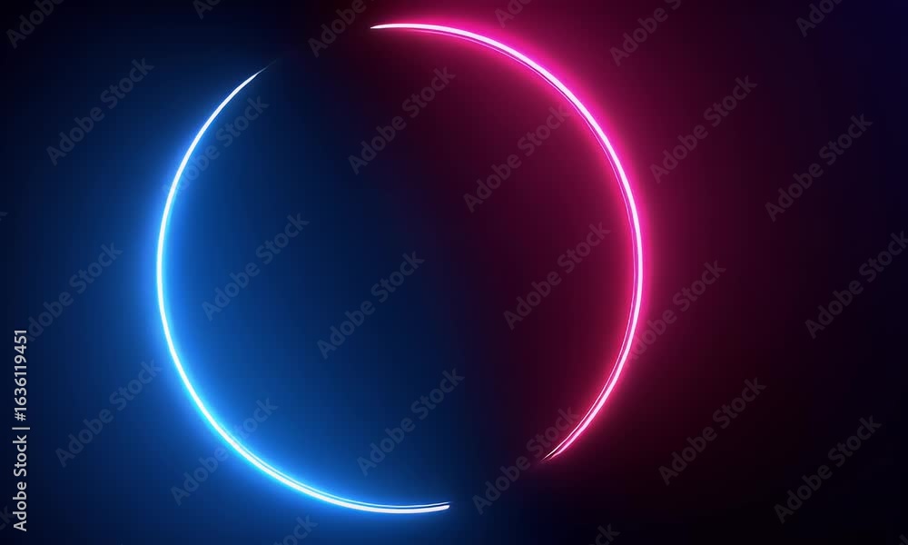 Aufkleber neon light effect with a glowing circular frame on a dark background, blue and pink neon lines in th