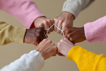 Unity and diversity: multiracial hands joined in fist bump circle